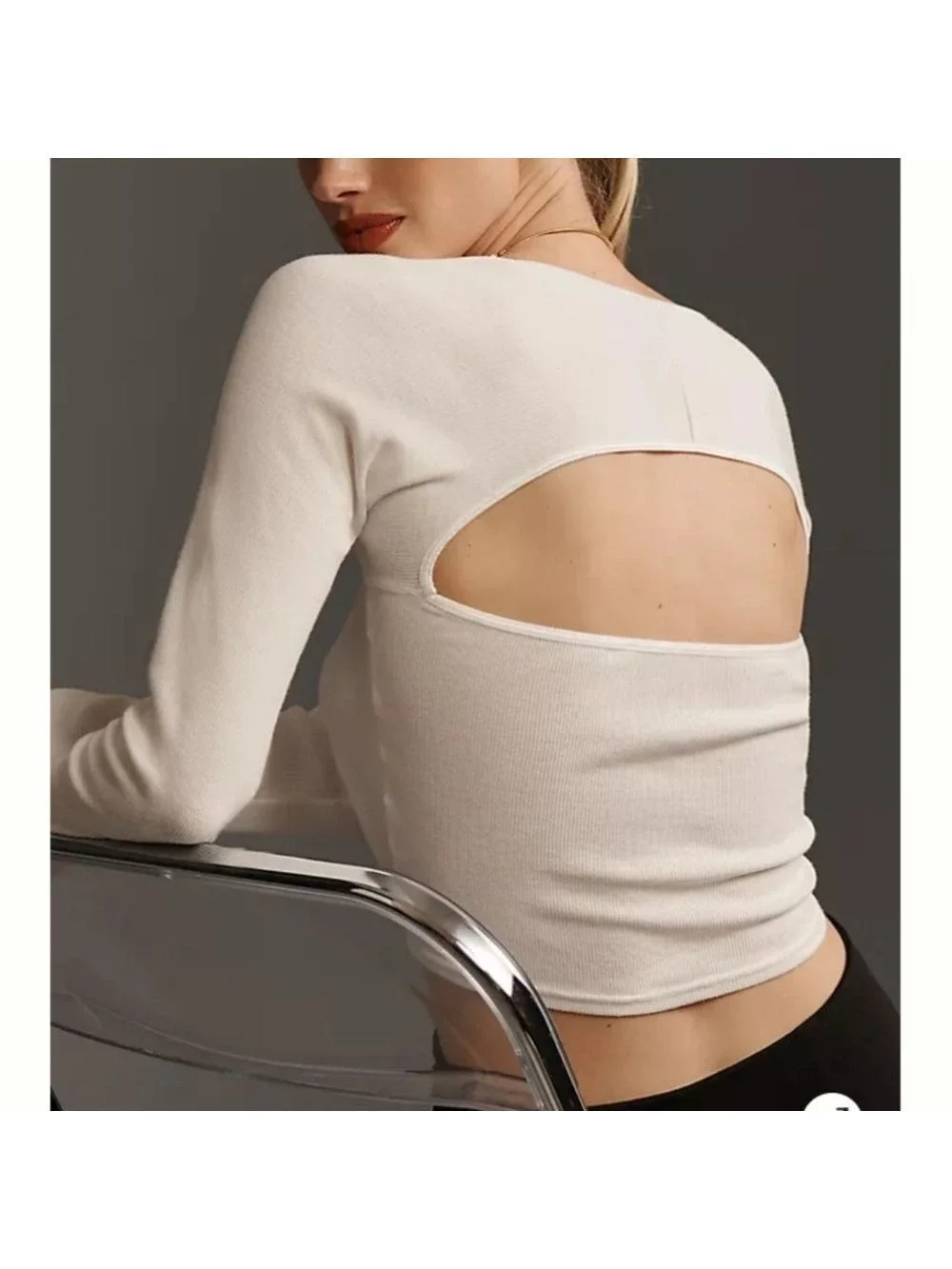 Anthropologie Long Sleeve Knit Crop Top Light Sand
